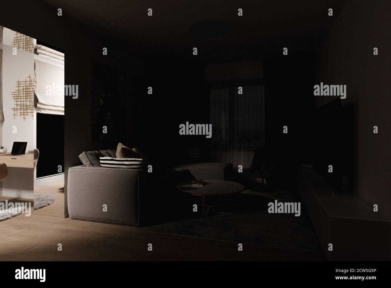 Una serie di illustrazioni 3d del soggiorno interno con illuminazione diversa Foto Stock