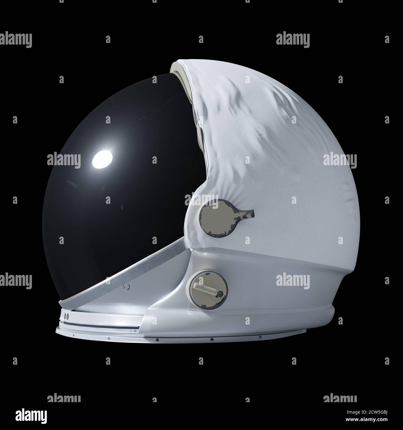 casco astronauta isolato su sfondo nero, vista laterale Foto Stock