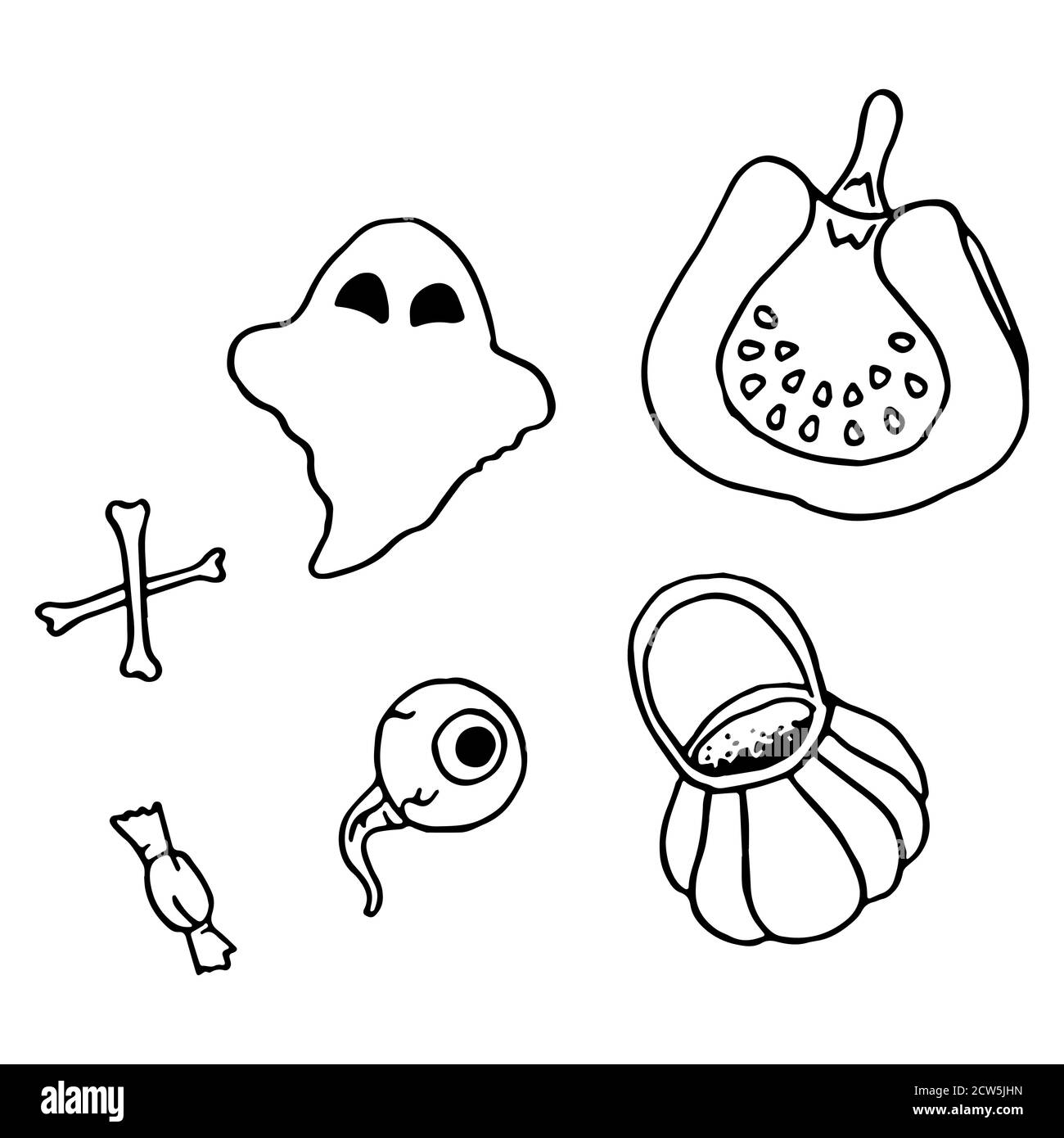 Adesivo Halloween su sfondo bianco isolato. Simboli Spooky per invito o carta regalo, taccuino, tegola da bagno, album. Custodia per telefono o in tessuto Illustrazione Vettoriale