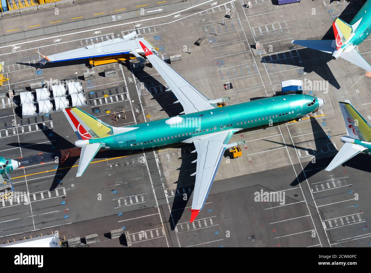 Boeing 737 Max si è assemblato fuori dalla fabbrica Boeing Renton all'aeroporto di Renton, Stati Uniti. Velivoli a catena di montaggio senza motori. Parti del rivestimento dell'aria. Foto Stock