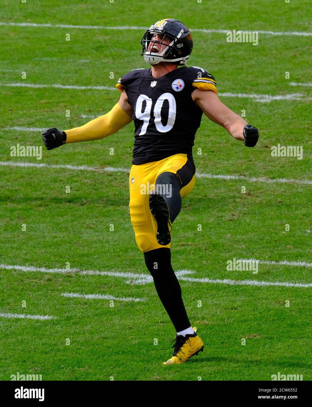 27 settembre 2020: T.J. Watt n° 90 durante la partita dei Pittsburgh Steelers contro Houston Texans all'Heinz Field di Pittsburgh, Pennsylvania. Jason Pohuski/CSM Foto Stock