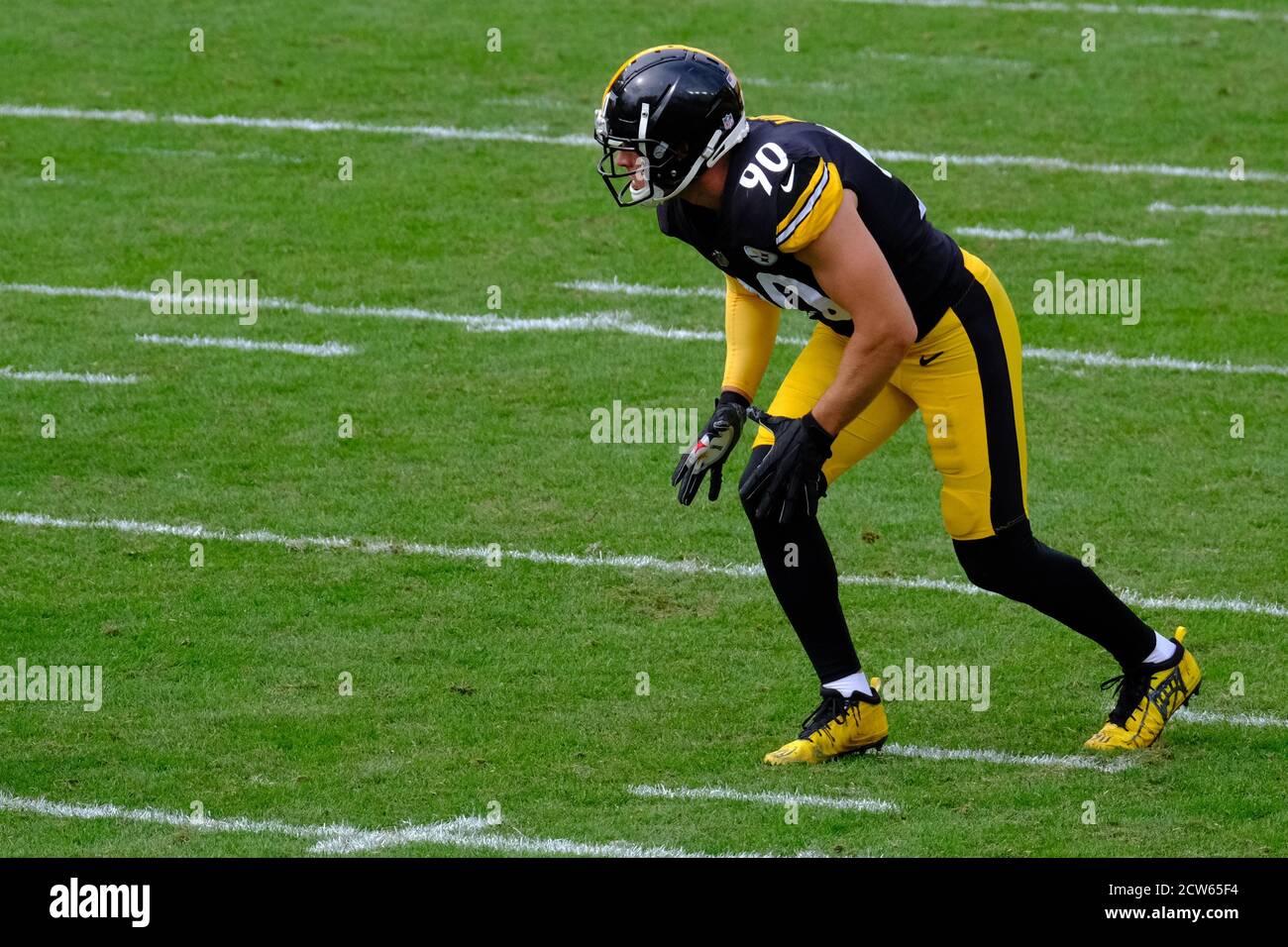 27 settembre 2020: T.J. Watt n° 90 durante la partita dei Pittsburgh Steelers contro Houston Texans all'Heinz Field di Pittsburgh, Pennsylvania. Jason Pohuski/CSM Foto Stock