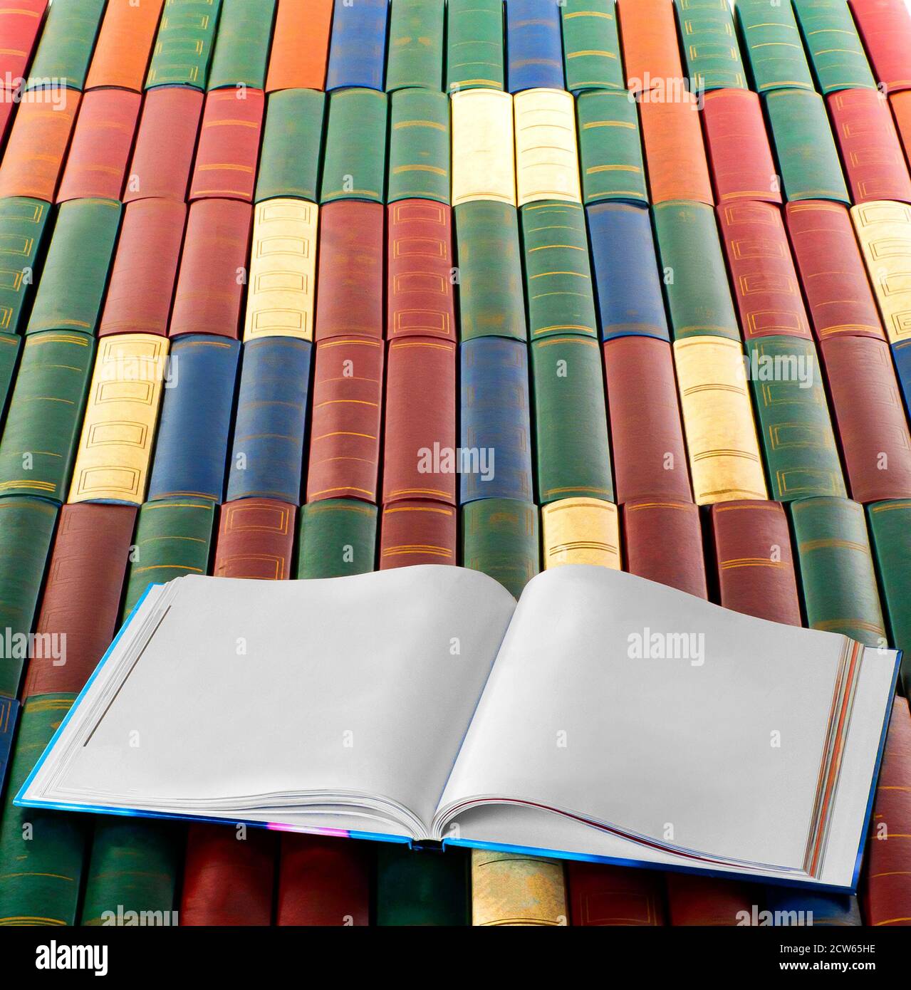 Ha aperto un libro su molti libri in una biblioteca. Istruzione e concetto di conoscenza. Foto Stock