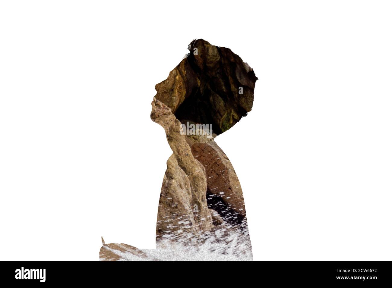 Composito digitale a esposizione multipla con una silhouette di una persona dal profilo e rocce e scogliere colorate. Foto Stock