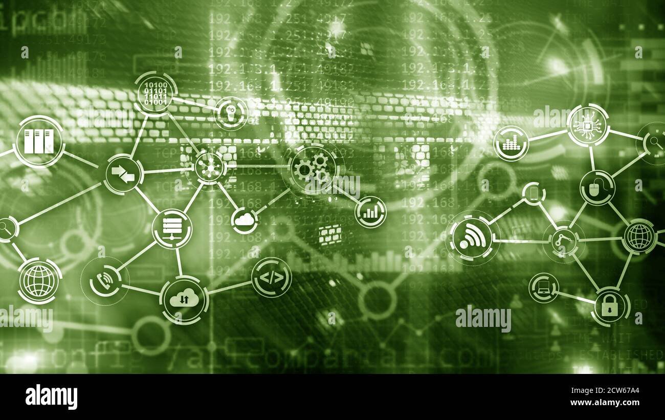 Green Server room comunicazione IOT concetto di Internet of Things intelligente nel settore. Tecnologia digitale. Foto Stock