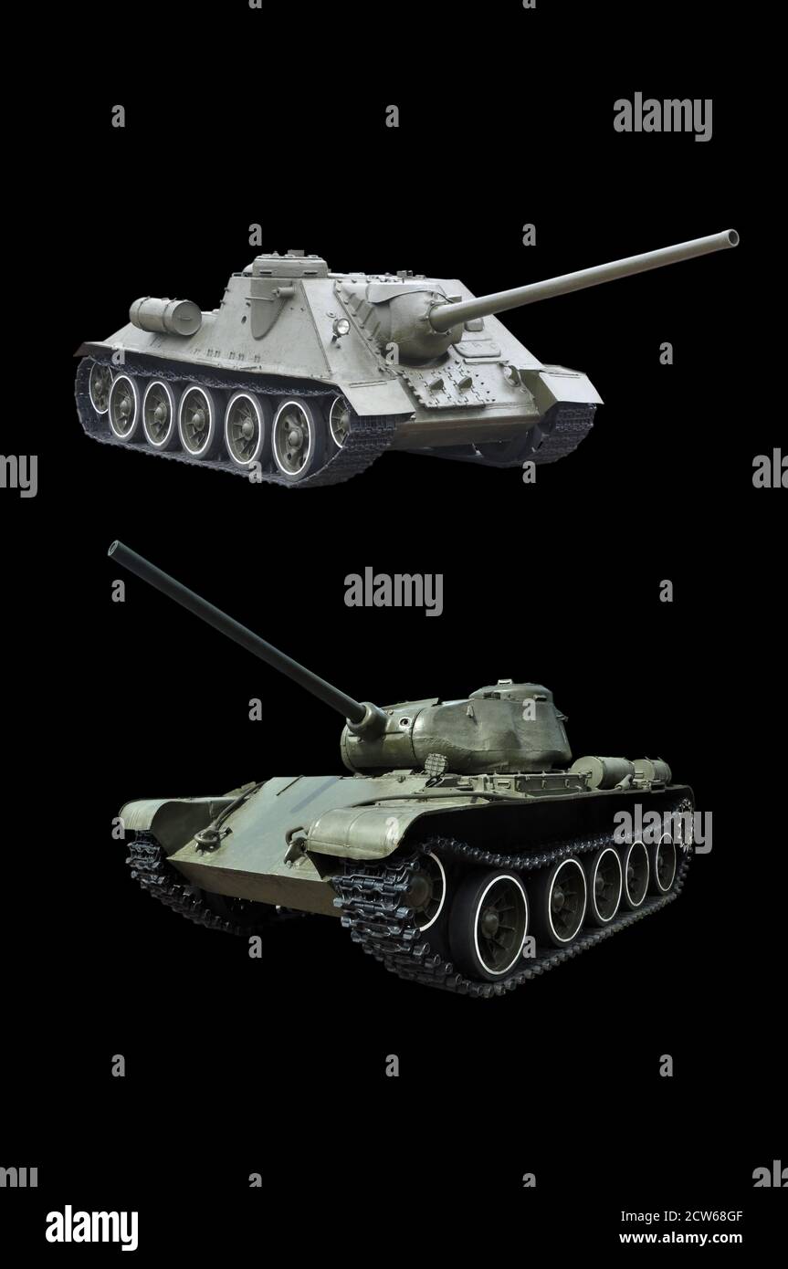 Serbatoio medio sovietico e pistola semovente . Isolare su nero. Foto Stock