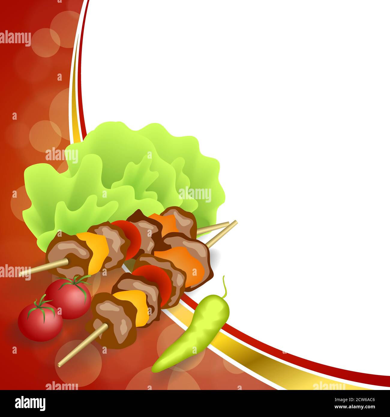 Astratto sfondo grigliare cibo verdure barbecue insalata pomodoro pepe verde vettore di illustrazione della cornice rosso giallo Illustrazione Vettoriale