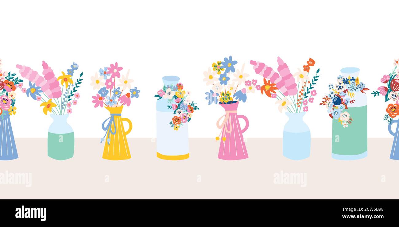 Vasi di fiori bordo vettoriale senza giunture. Vasi a ripetizione con motivi orizzontali con fiori primaverili ed estivi. Da utilizzare per rivestimenti in tessuto, nastri, nastri per condotti, schede Illustrazione Vettoriale