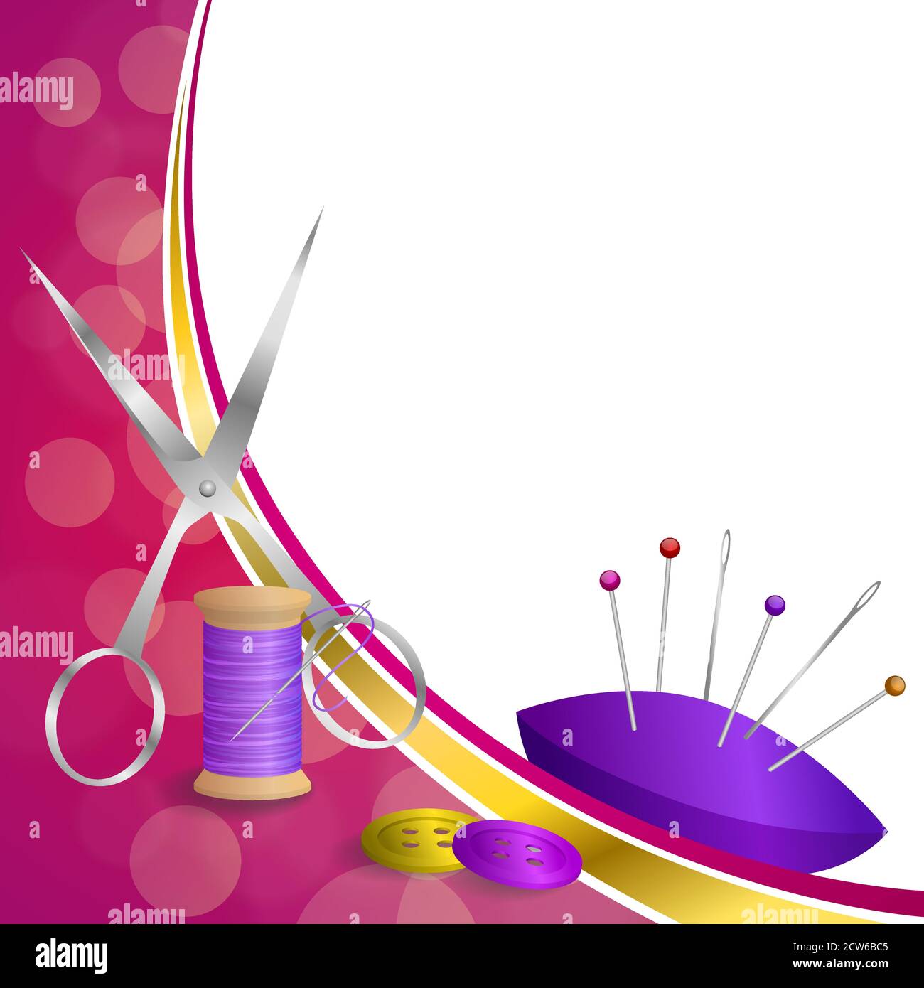 Fondo astratto filo da cucire attrezzatura forbici bottone ago pin rosa viola rosso giallo giallo oro nastro illustrazione vettore Illustrazione Vettoriale