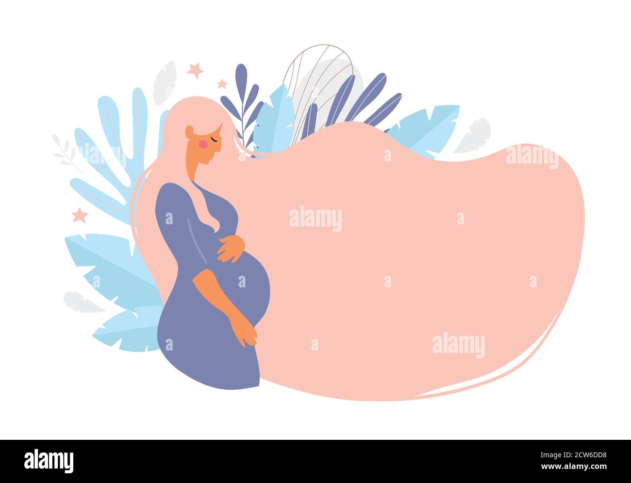 Cute donna incinta con lunghi capelli biondi su uno sfondo di foglie. Il concetto di gravidanza, maternità, famiglia. Design piatto con spazio di copia. Vista laterale della pancia incinta. Vettore stock isolato su sfondo bianco Illustrazione Vettoriale
