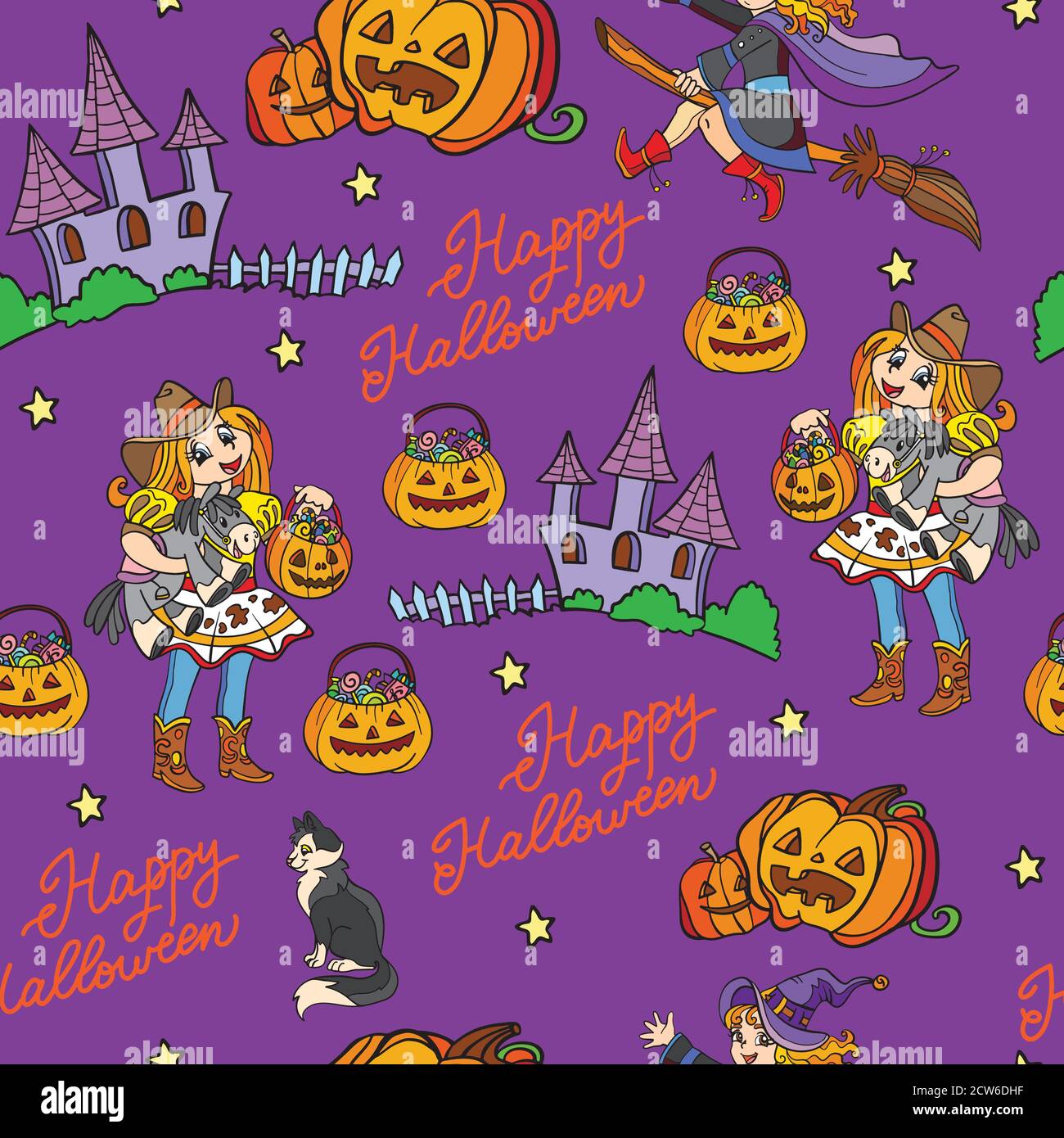 Motivo viola senza cuciture con i personaggi di Halloween cartoon Illustrazione Vettoriale