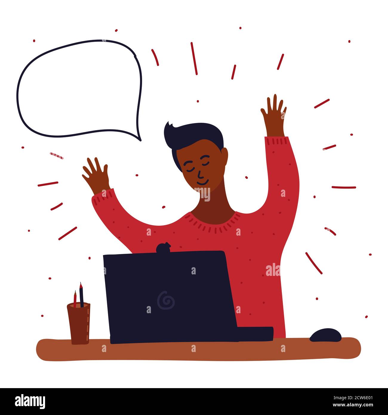 Vettore cartoon illustrazione di nero africano ragazzo blogging in internet, imparare o giocare gioco. Un punto esclamativo intorno a lui e bolla del parlato. E Illustrazione Vettoriale