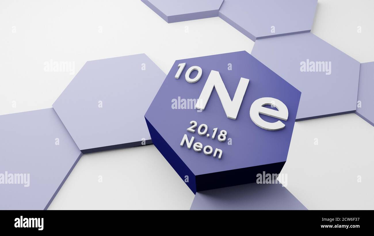 Neon NE, gas nobile, elemento chimico della tavola periodica, simbolo scientifico o scientifico, illustrazione 3d, ricerca concettuale, peso atomico Foto Stock