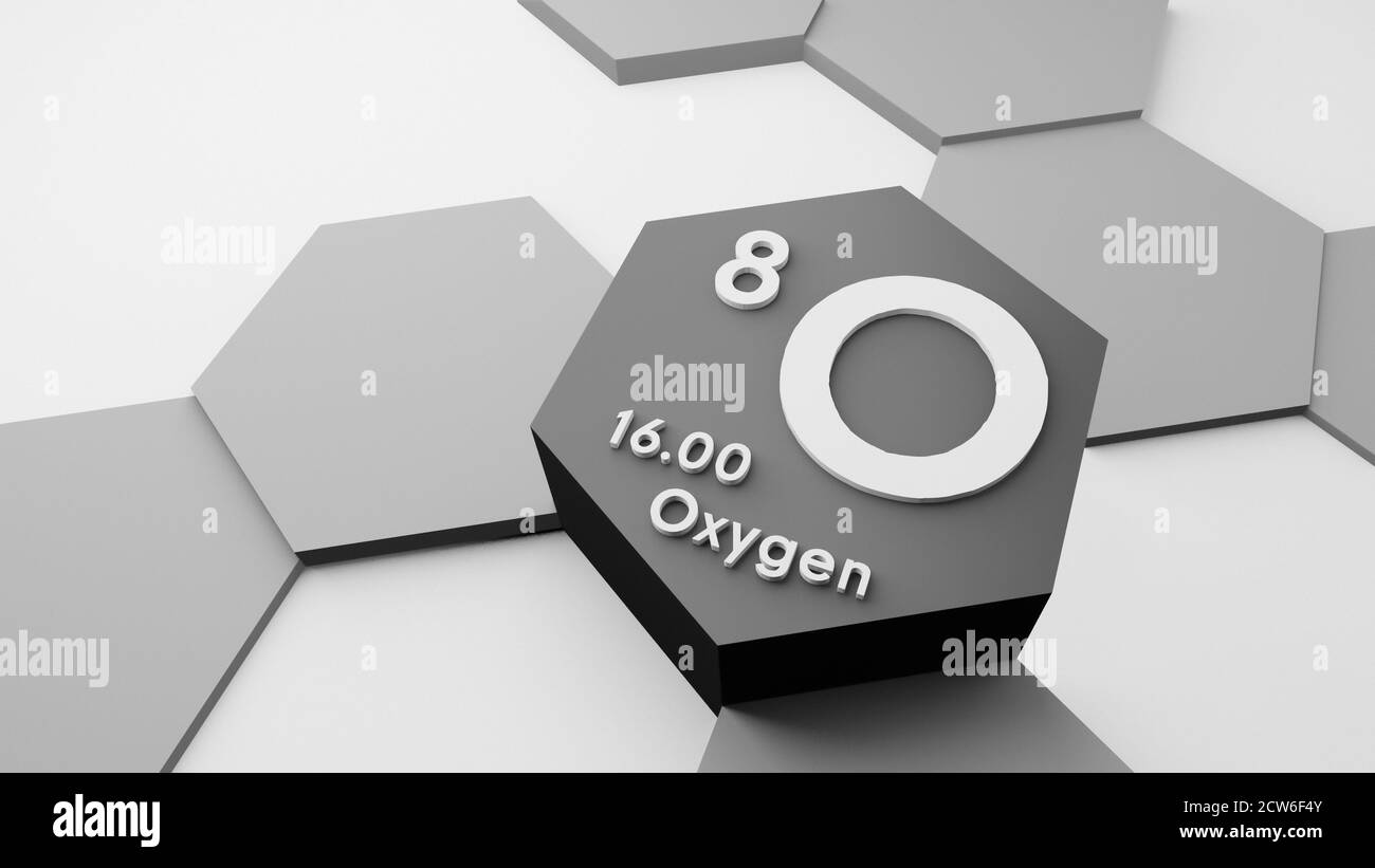 Ossigeno o, elemento chimico della tavola periodica, simbolo scientifico o scientifico, illustrazione 3d, ricerca concettuale o educazione, peso atomico Foto Stock