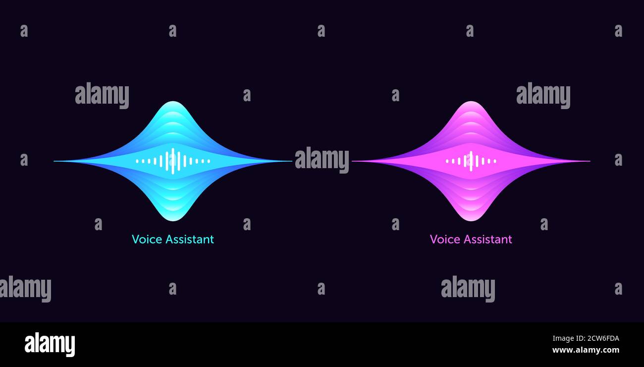 Forma Soundwave per assistente vocale virtuale. Onda acustica astratta ed equalizzatore, messaggio vocale di assistente intelligente, forma d'onda audio. Elemento vettore fo Illustrazione Vettoriale