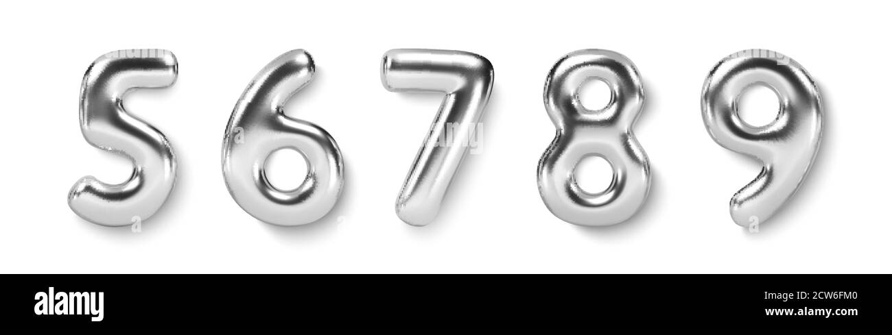 Numero d'argento Balloon 5 6 7 8 9. Carattere 3D realistico vettoriale Illustrazione Vettoriale