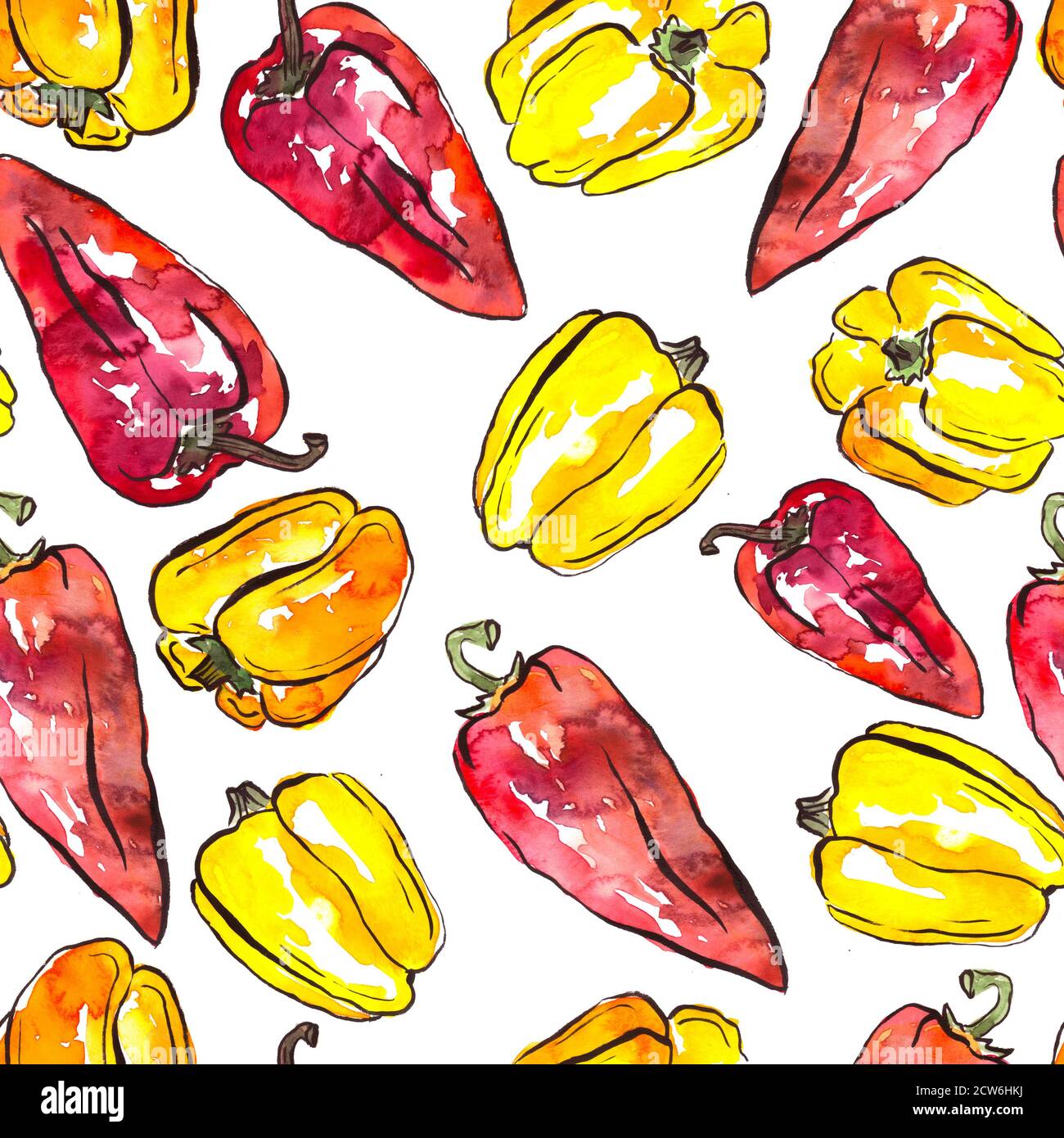 Set di peperoni paprika disegno con acquerelli su sfondo bianco. Illustrazione di verdure Foto Stock