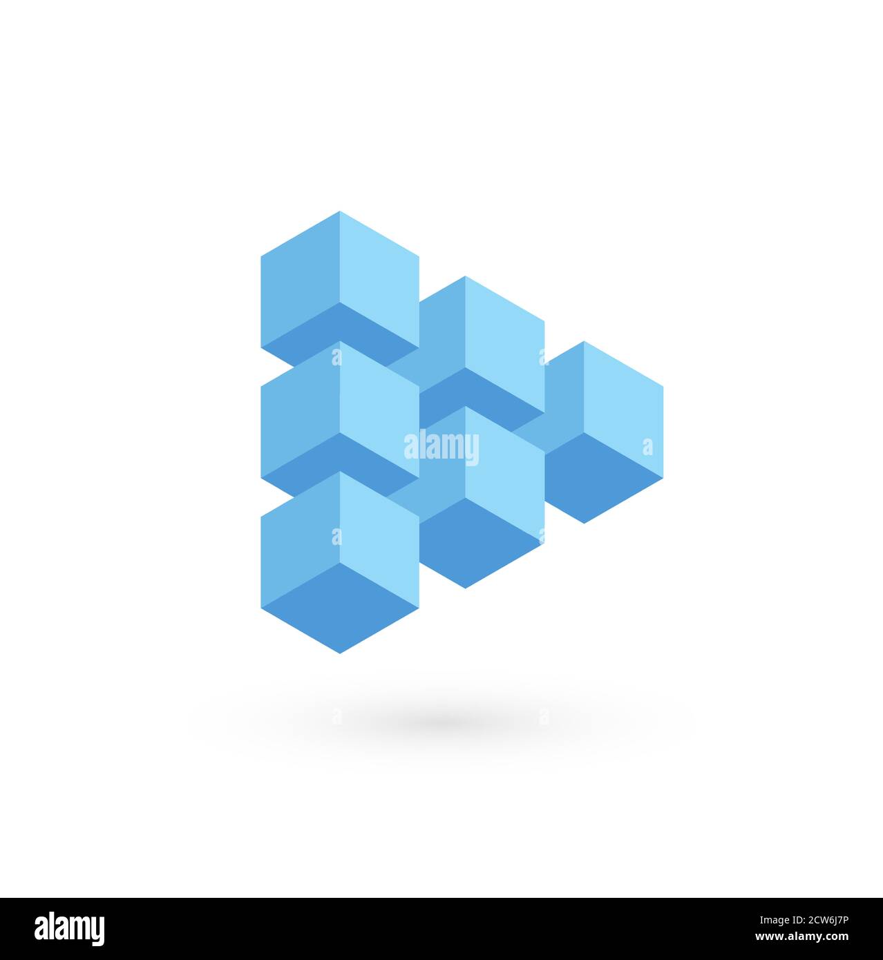 Pulsante Play per supporti digitali, audio e video, forma triangolare da cubi 3D, figura volumetrica blu, simbolo dell'architettura. Logo vettoriale isolato Illustrazione Vettoriale