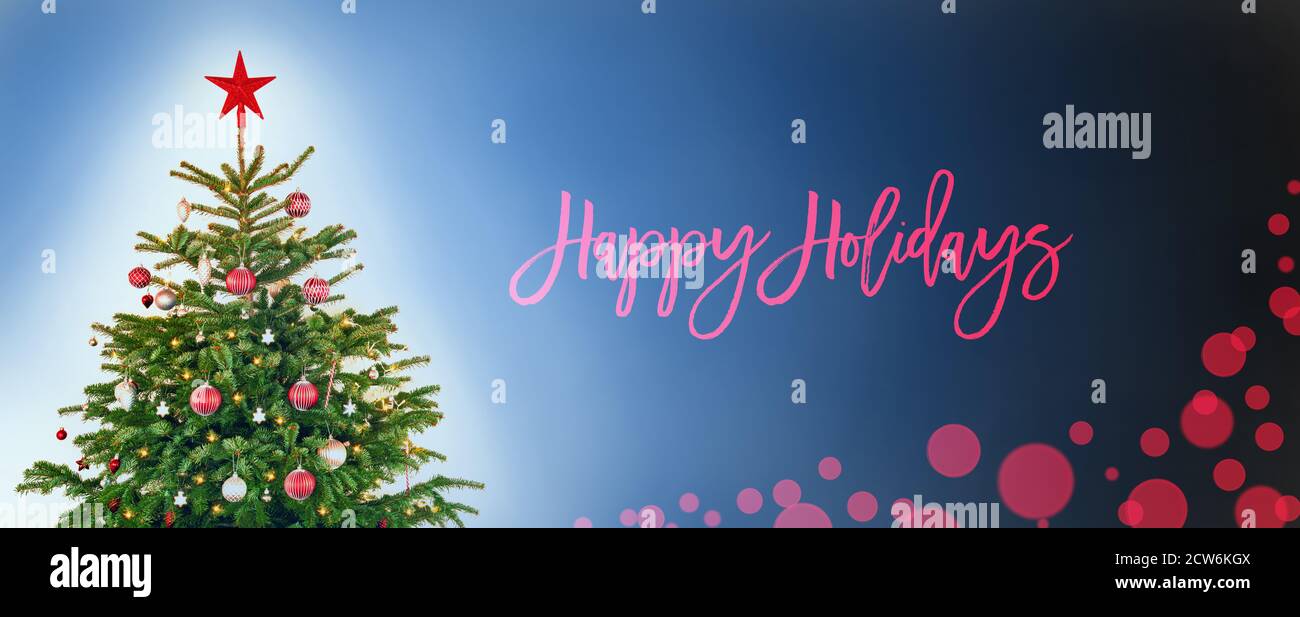 Albero di Natale con decorazione, sfondo blu, buone feste, Red Bokeh Foto Stock