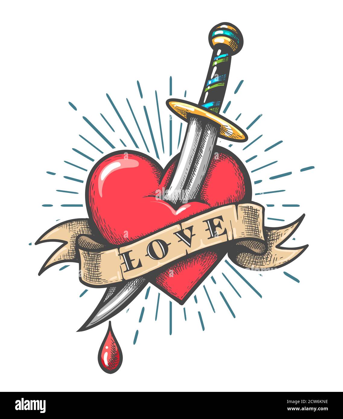 Tatuaggio della vecchia scuola di un pugnale trafitto cuore con l'iscrizione tatuaggio d'amore. Illustrazione vettoriale. Illustrazione Vettoriale