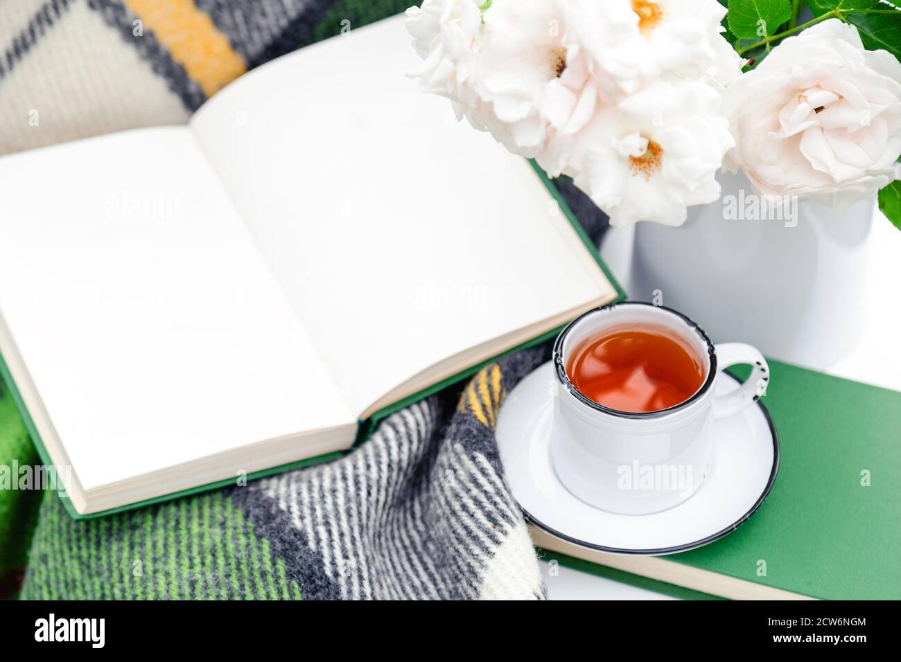 Tazza di tè vintage vicino a libro aperto, fiori in vaso, plaid caldo su tavola bianca fuori in giardino. Romantica colazione di piacere con sfondo naturale Foto Stock