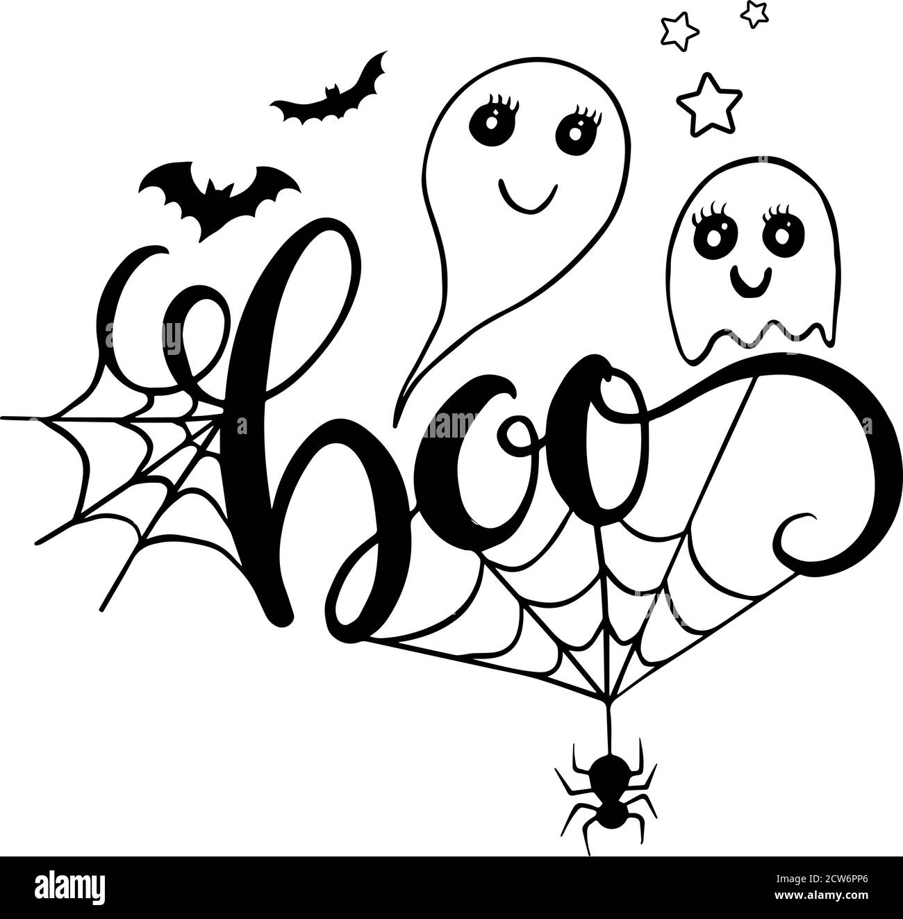 Scritta Boo con pipistrelli fantasma e ragno. Illustrazione vettoriale per Halloween. Illustrazione Vettoriale