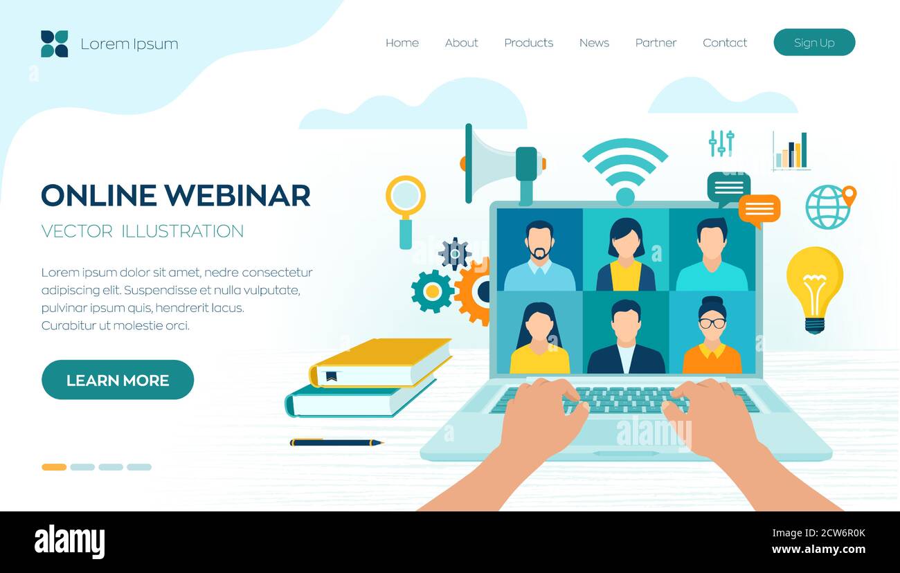 Webinar. Conferenza su Internet. Seminario Web. Apprendimento a distanza. Concetto aziendale di formazione e-learning. Tutorial video e corsi. Riunione online Illustrazione Vettoriale