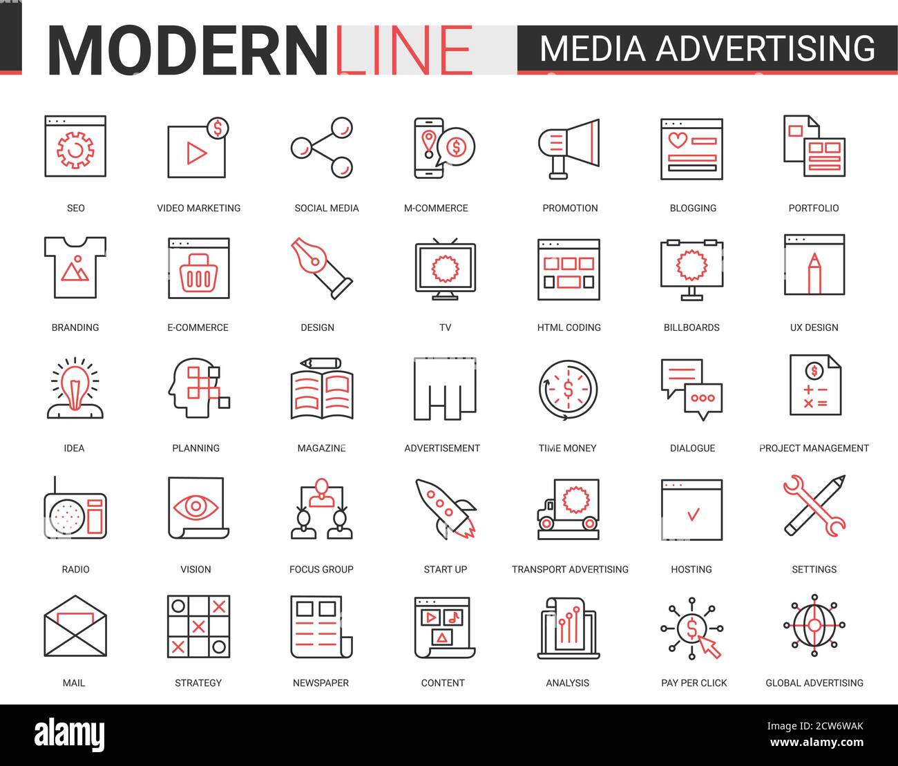 Media pubblicità flat icona vettore illustrazione set. Collezione di simboli pittogrammi infografici di contorno nero sottile per applicazioni mobili con ricerca di strategia di marketing, promozione sui social media Illustrazione Vettoriale