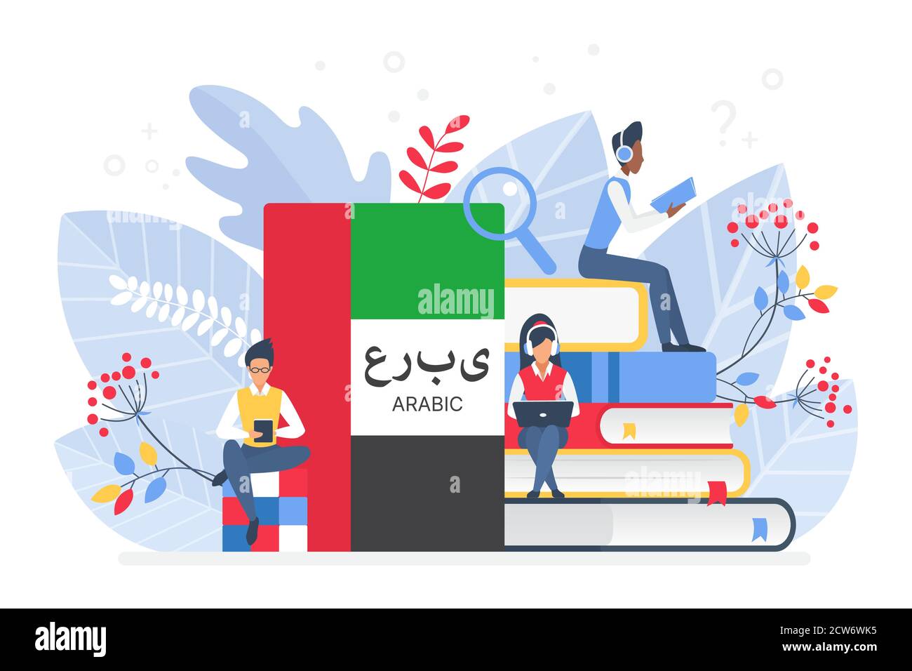 Corsi di lingua araba online illustrazione vettoriale piatta. Istruzione a distanza, scuola remota, università araba. Studenti che leggono libri lezioni su Internet, e scuola di lingua isolata Illustrazione Vettoriale