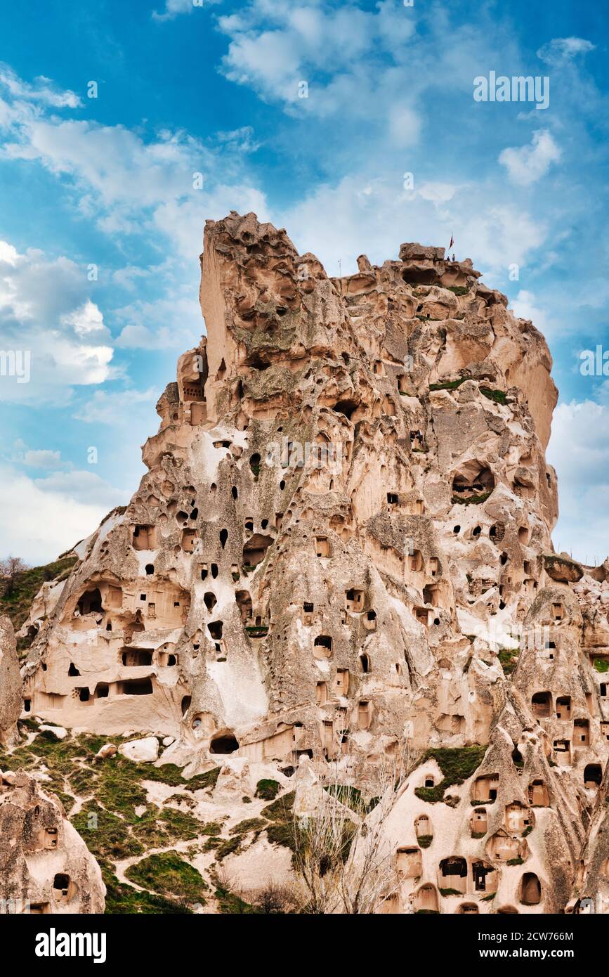 Castello di Uchisar, Cappadocia, Provincia di Nevsehir, Anatolia Centrale, Turchia Foto Stock