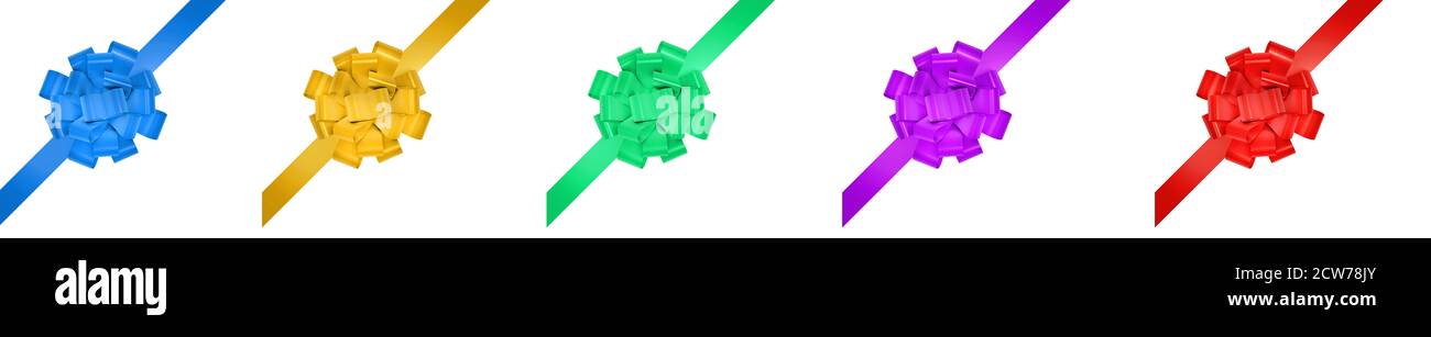 Set di angoli del nastro. Nastro festivo regalo decorativo isolato su bianco. Nastri di Natale. Blu, rosa, rosso, verde. rendering 3d. Foto Stock