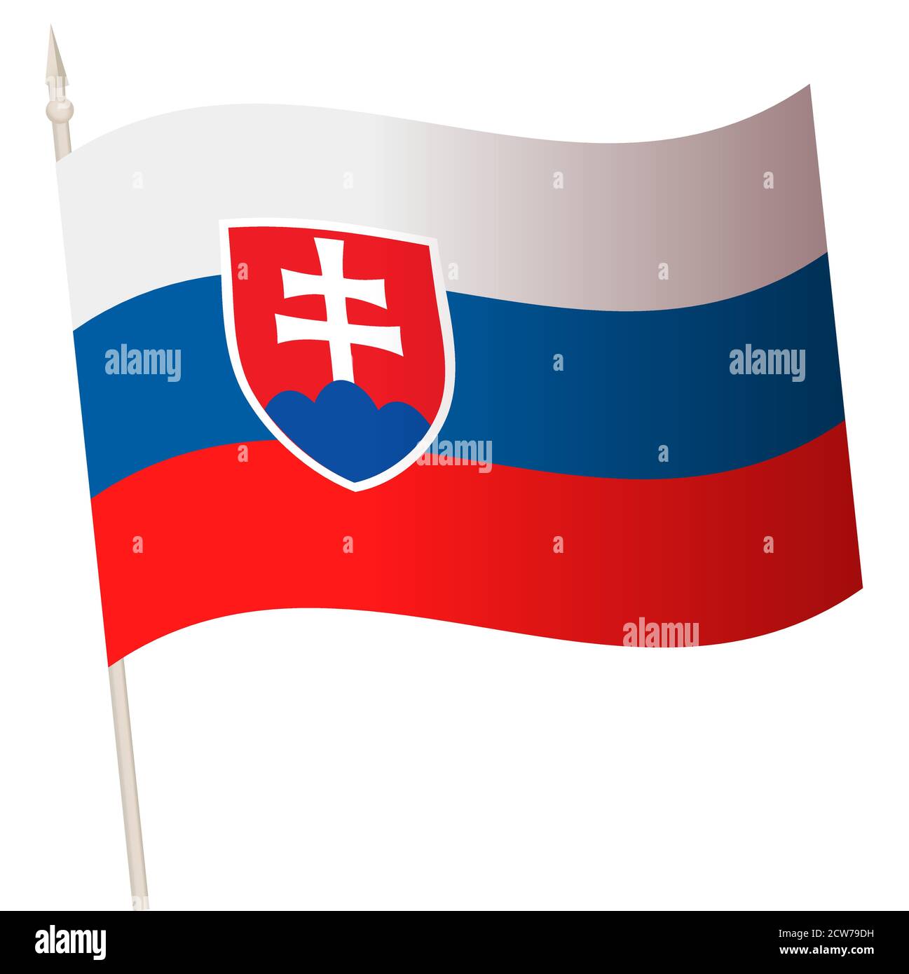 Flag di ondulazione vettoriale su un flagpole. La bandiera nazionale della Slovacchia. Simbolo di colore isolato su bianco. Illustrazione Vettoriale