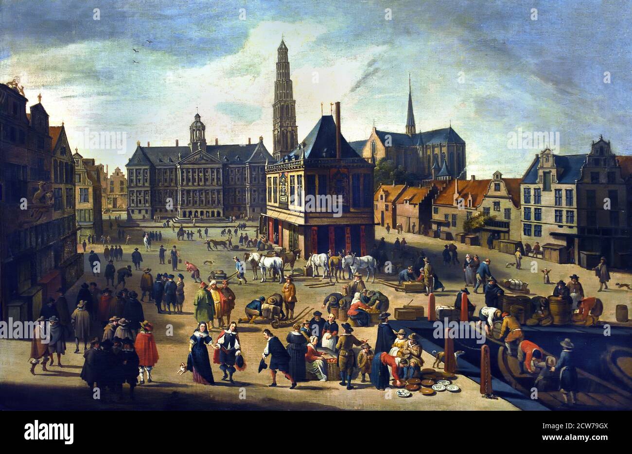 AMSTERDAM - LA DIGA CON LA TORRE INCOMPIUTA, COPIA DOPO JACOB VAN DER ULFT, 1653, OLANDESE. Foto Stock