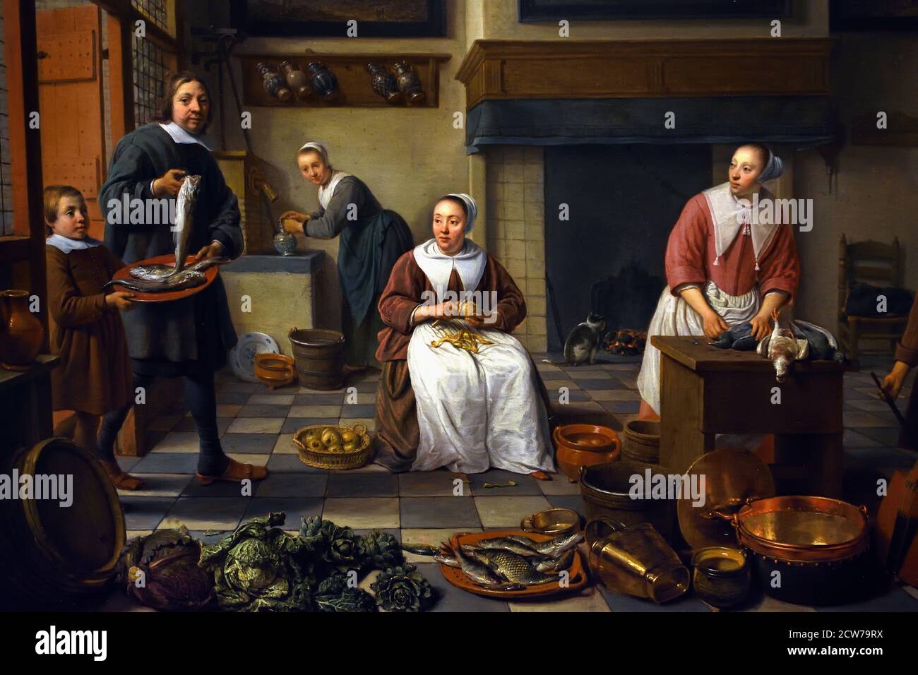 Ritratto del Jacob Bierens ( Maid in Kitchen - is he a fishmonger ) Hendrik Martenszoon Sorgh 1610 – 1670 Golden Age pittore di opere di genere. The, Paesi Bassi, Dutch.(Family Fish in Harmony ) Foto Stock