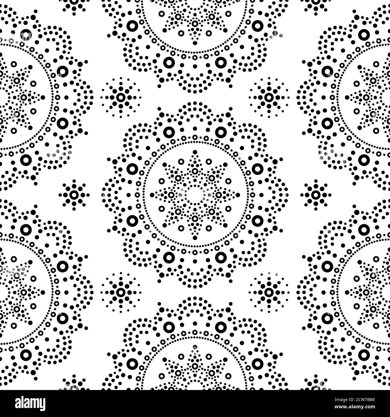 Aboriginal dot painting mandala modello vettoriale senza giunture, nero bohemian mandala vettore dot art su sfondo bianco, retro folk design Illustrazione Vettoriale