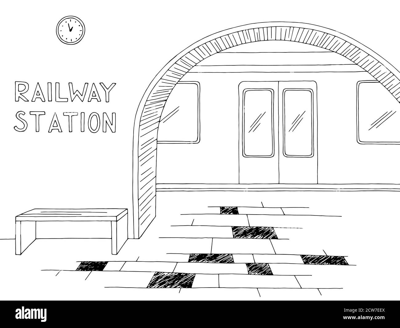 Grafico della piattaforma della stazione ferroviaria in bianco nero illustrazione dello schizzo vettore Illustrazione Vettoriale