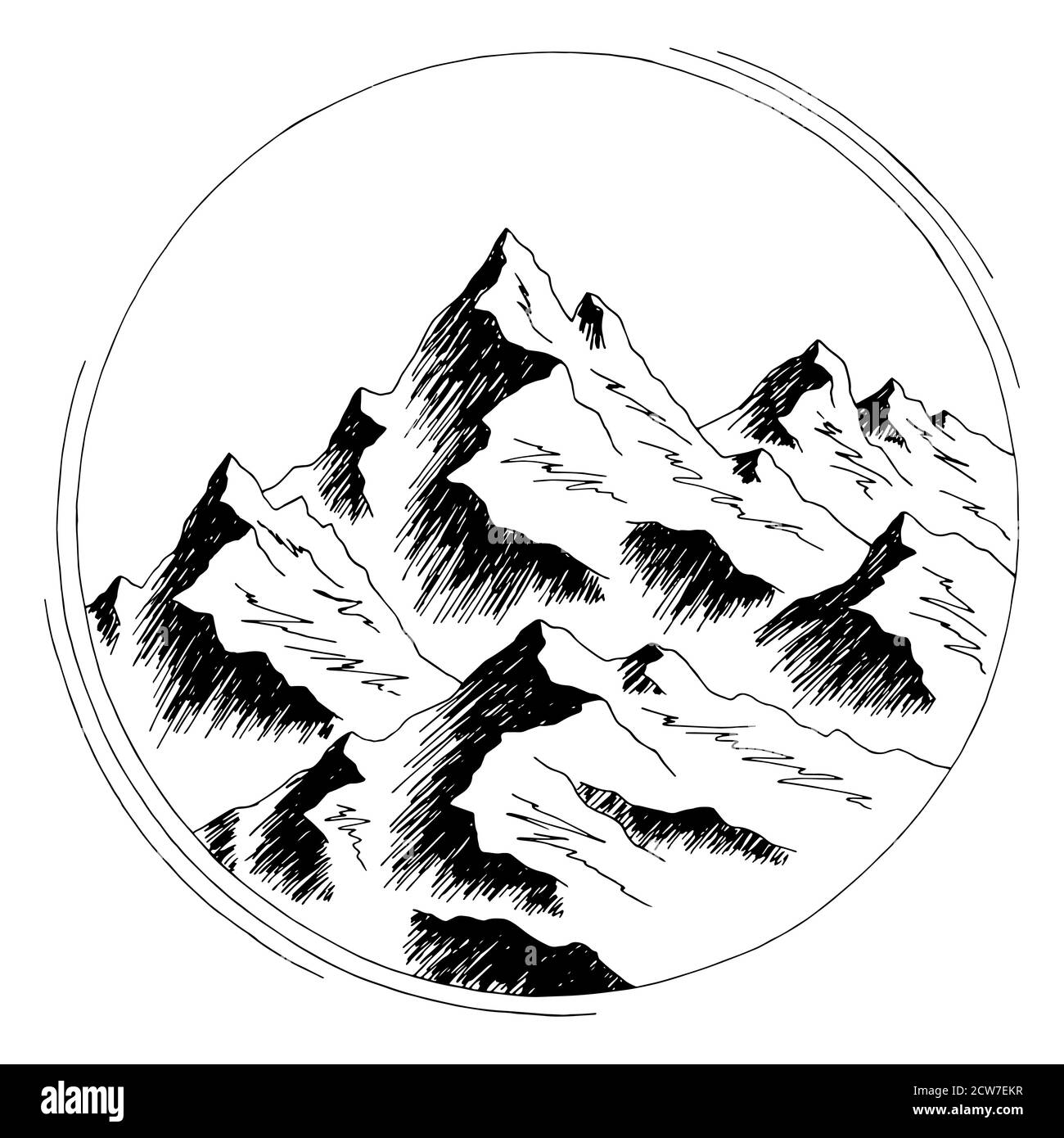 Mountain tondo gamma cornice grafico bianco nero paesaggio isolato schizzo vettore di illustrazione Illustrazione Vettoriale