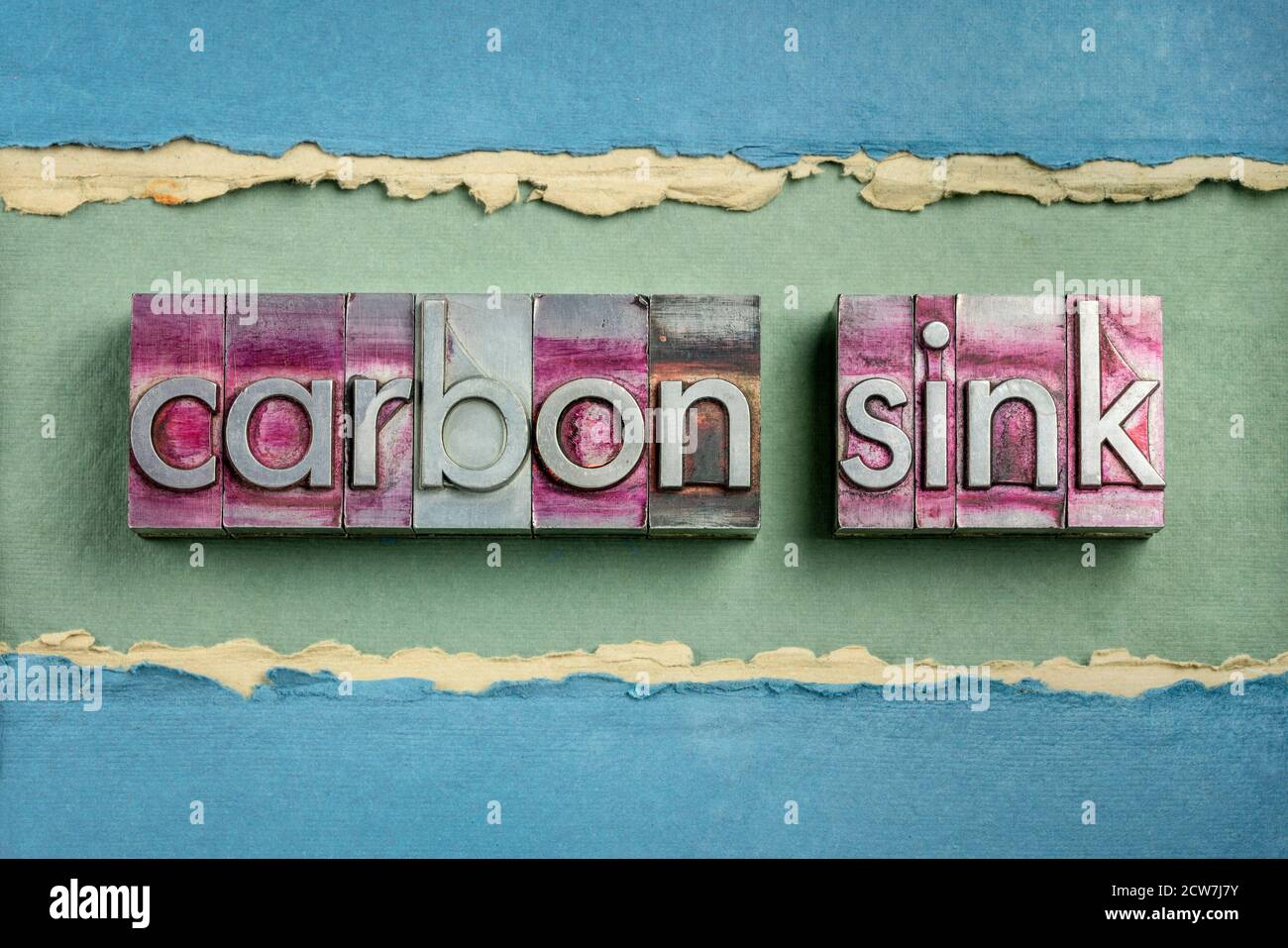 abstract parola lavello di carbonio in gritty vintage letterpress metallo tipi, cambiamento climatico e concetto di ecologia Foto Stock