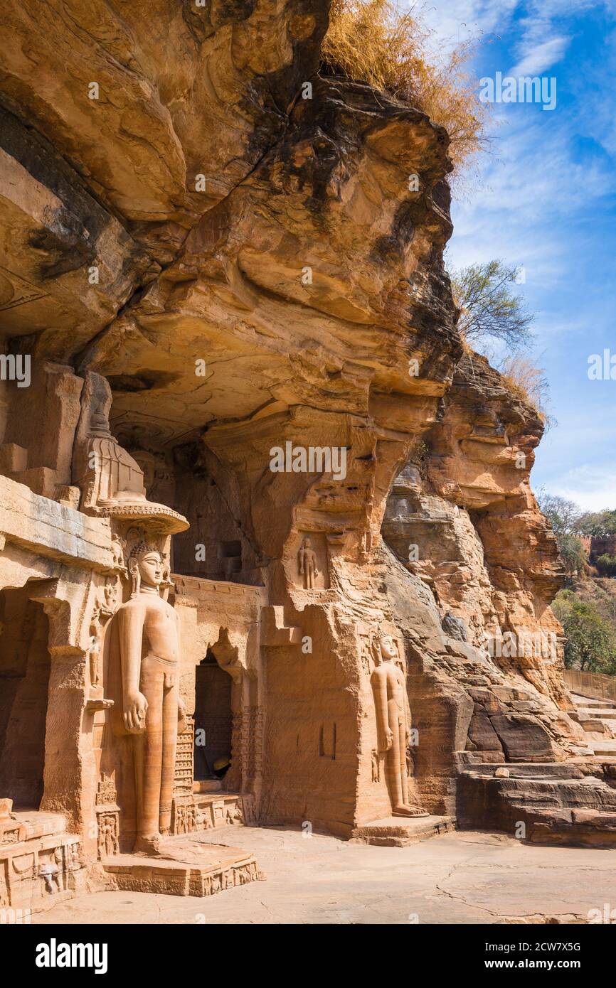 India, Madhya Pradesh, Gwalior, Jain immagini tagliate nella roccia rocciosa del Forte di Gwalior Foto Stock