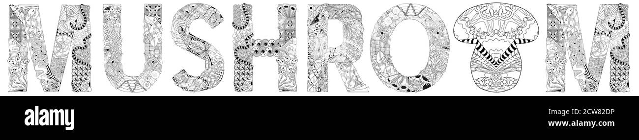 Fungo Word con silhouette di uccello. Oggetto vettoriale a zentangle per la colorazione Illustrazione Vettoriale