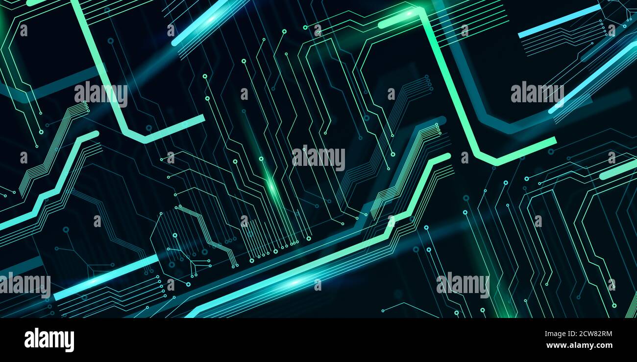 Astratto sfondo tecnologico della scheda madre a circuito elettronico con Neon incandescente Linee Foto Stock