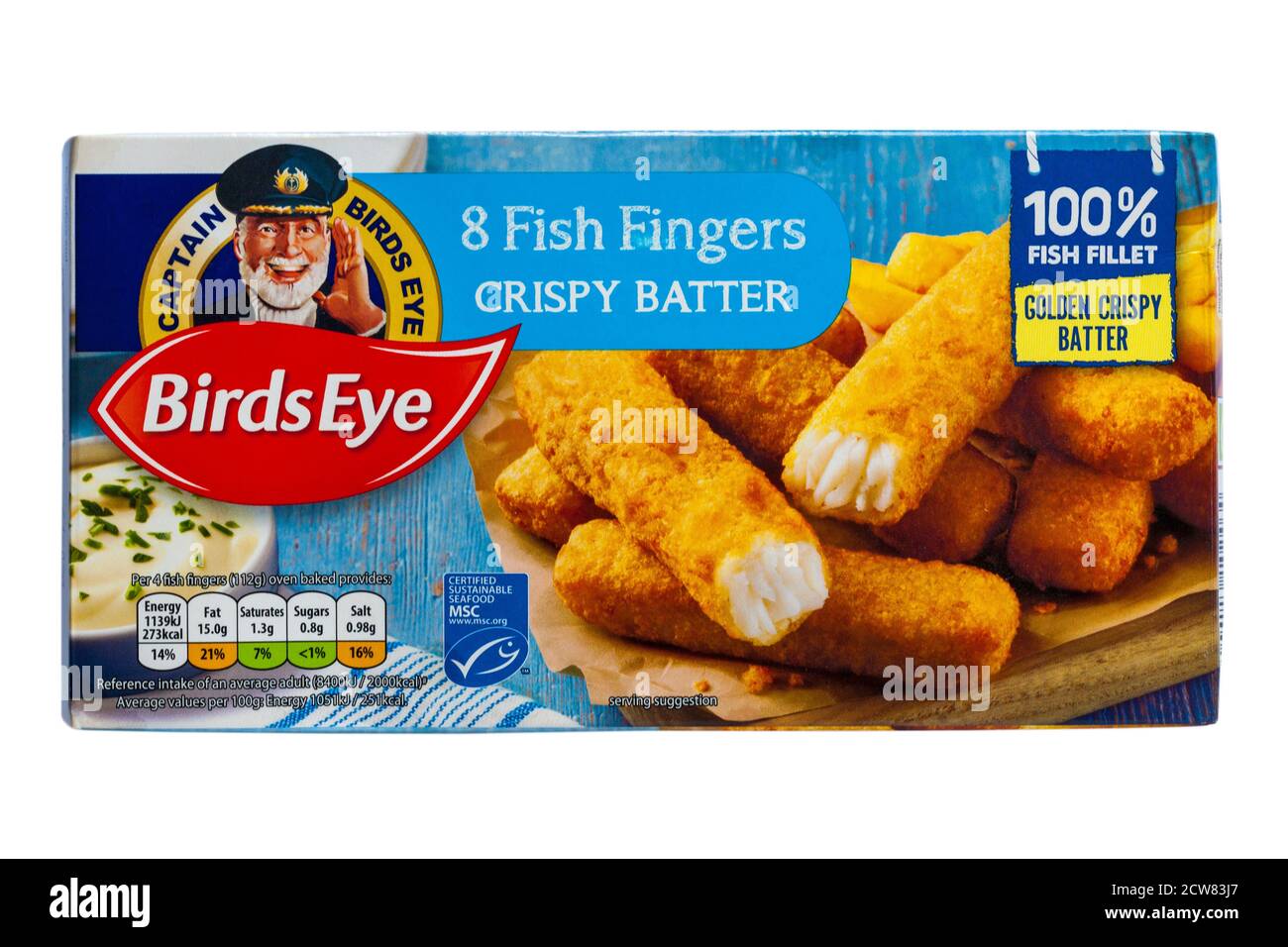 Pacchetto di Birds Eye Fish Fingers croccante pastella isolato su fondo bianco - 100% filetto di pesce pastella dorata croccante Foto Stock