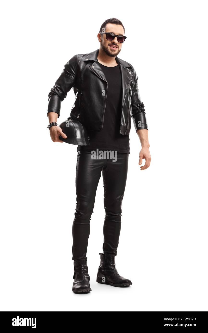 Ritratto a lunghezza intera di un biker in giacca di pelle e. pantaloni che tengono un casco in pelle isolato su sfondo bianco Foto Stock Ritratto a lunghezza intera di un biker in giacca di pelle e. pantaloni che tengono un casco in pelle isolato su sfondo bianco Foto Stock