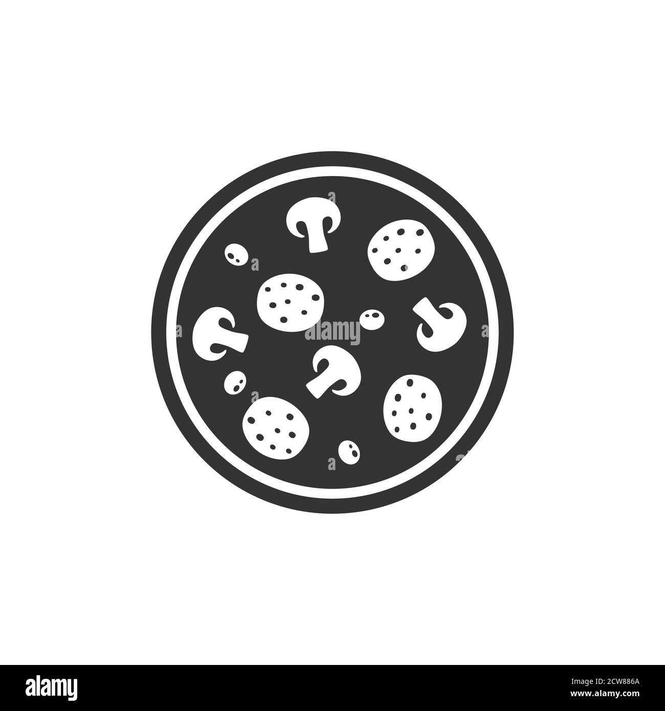 Pizza rotonda semplice vettore icona. Simbolo della pizza nera con salumi, olive e funghi. Illustrazione Vettoriale