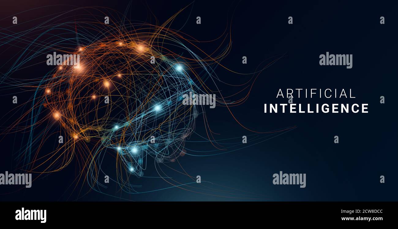 Illustrazione concettuale del concetto di intelligenza artificiale. Cervello umano digitale a forma di linee colorate Foto Stock