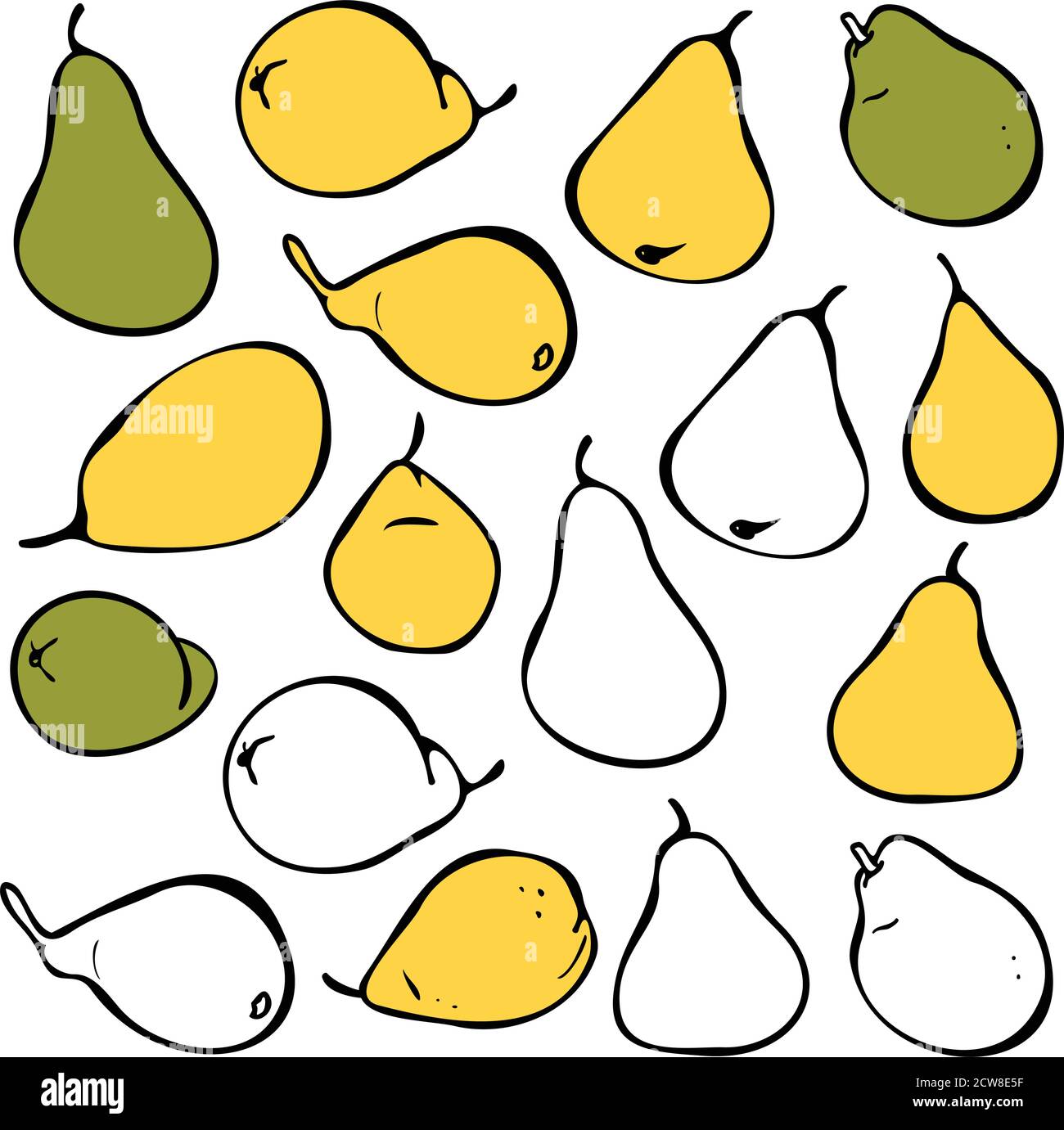Serie vettoriale di pere e sagome verdi e gialle. Grande vettore collecetion di frutti di pera. Illustrazione Vettoriale