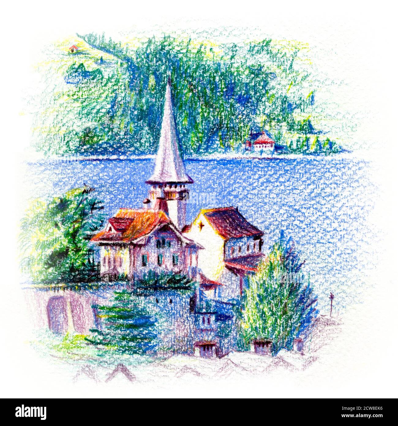 Chiesa di Spiez sulla riva del lago Thun a Spiez, Svizzera. Disegno con matite colorate Foto Stock