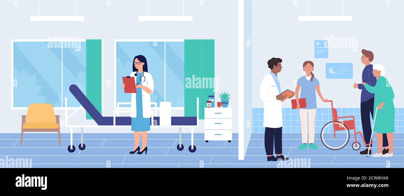 Illustrazione vettoriale di persone anziane in ospedale. Cartoon appartamento anziano ricoverato personaggio donna Visiting medico team per diagnosi di controllo e trattamento medico. Assistenza sanitaria disabile, background medico Illustrazione Vettoriale