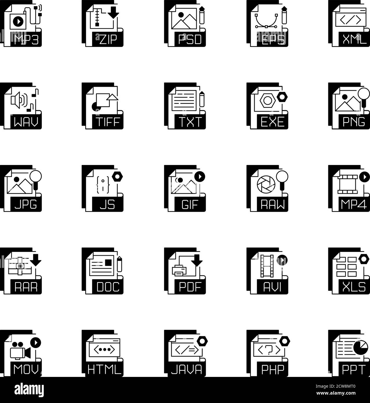 Set di icone lineari nere delle estensioni dei file Illustrazione Vettoriale