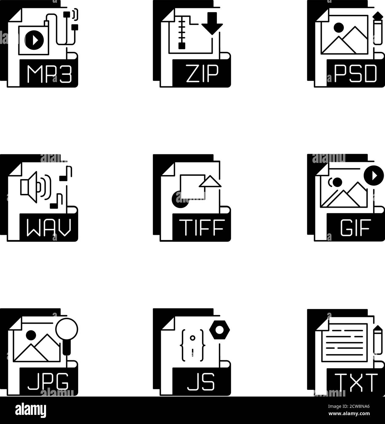 Formati di file set di icone lineari nere Illustrazione Vettoriale